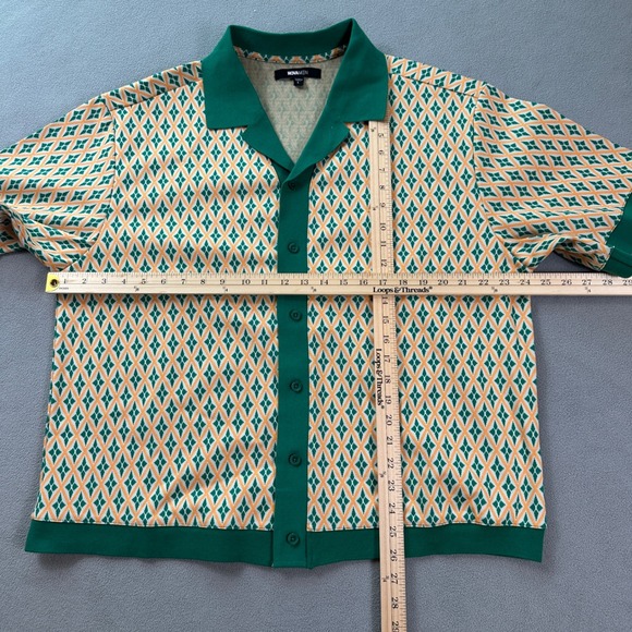 Rare FASHION NOVA MEN Short Sleeve Button Up Shirt L Green Orange Geometric Prin - Picture 3 of 5